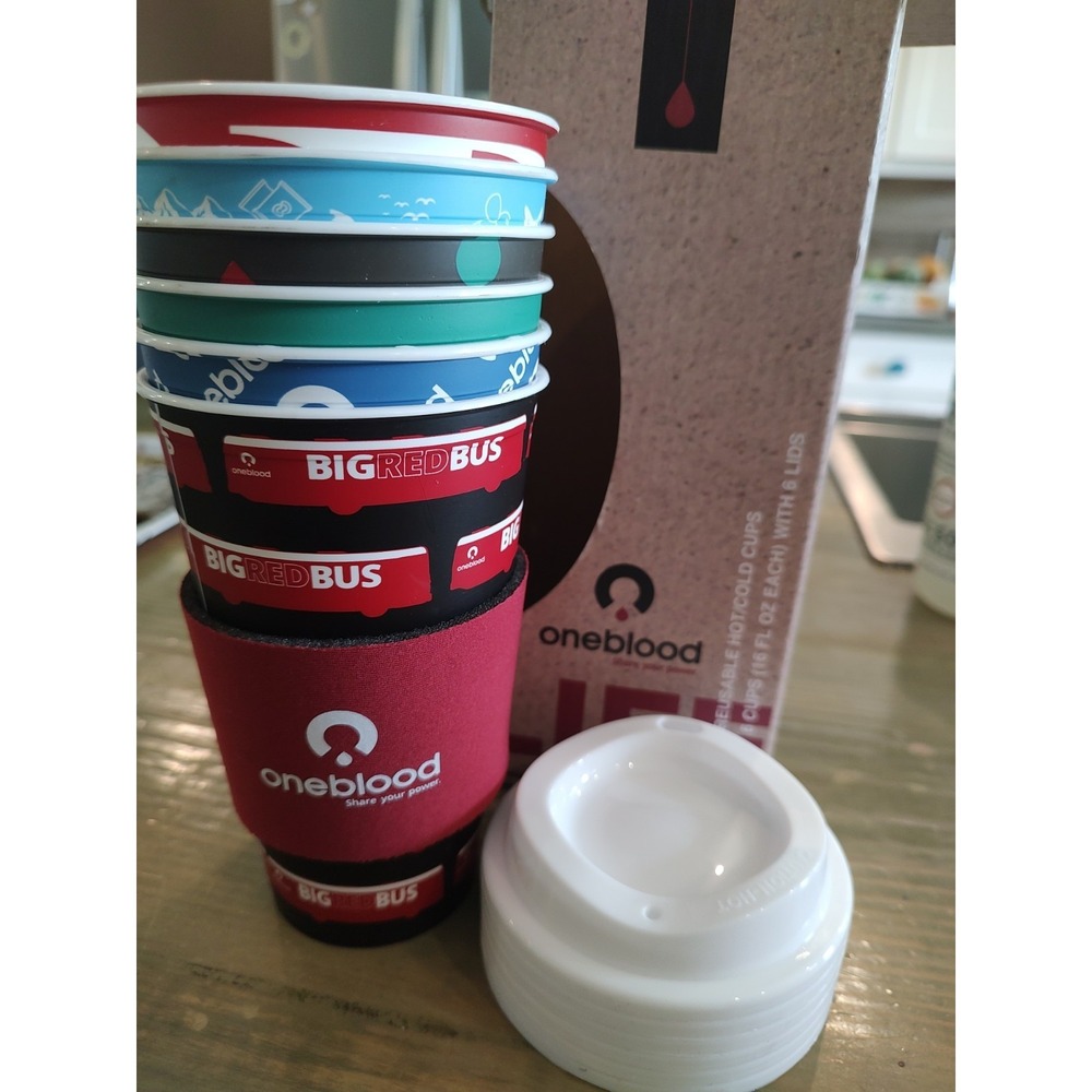 Oneblood Six Reusable Hot cold Cups Lids 16oz Coozie Big Red Bus Blood‎ Donor